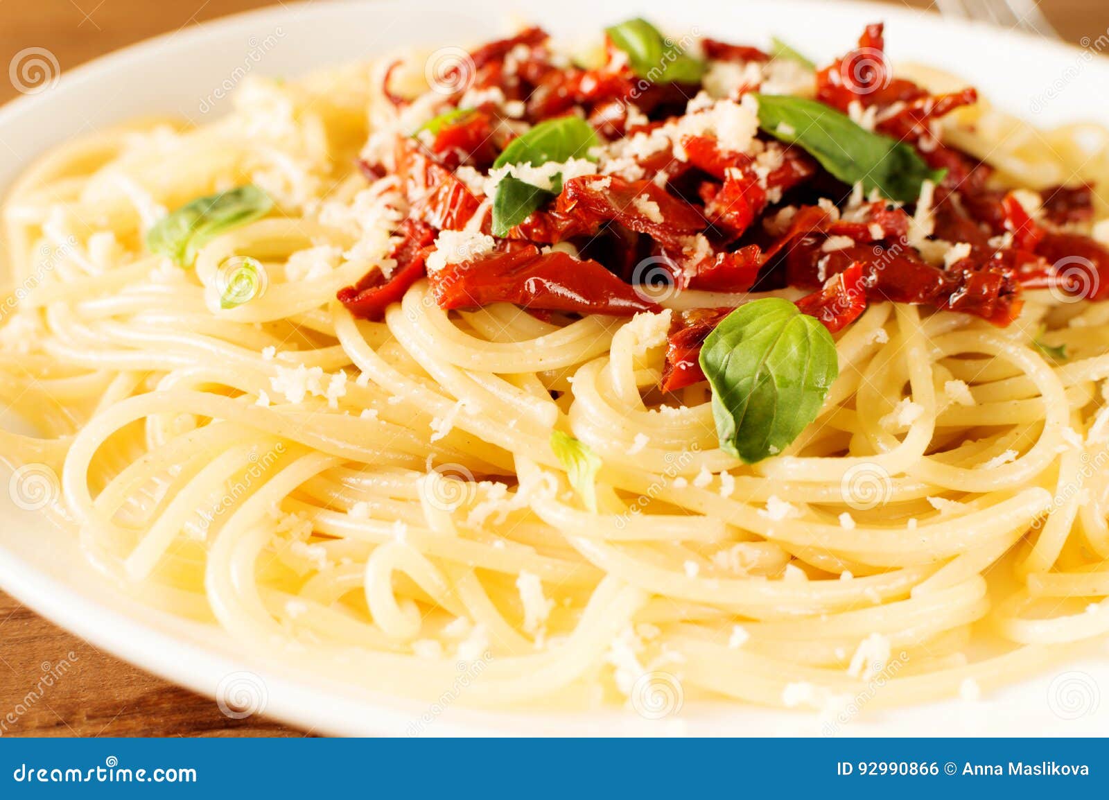 Italian Dish Pasta with Sundried Tomato and Basil Stock Photo Image of meat, dinner 92990866