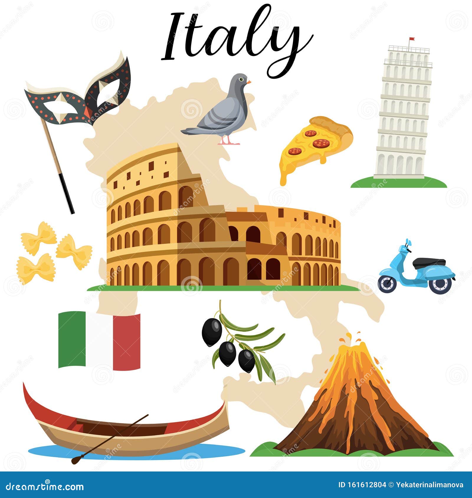 Italian Famous Symbols Icons Set Stock Vector - Illustration of culture