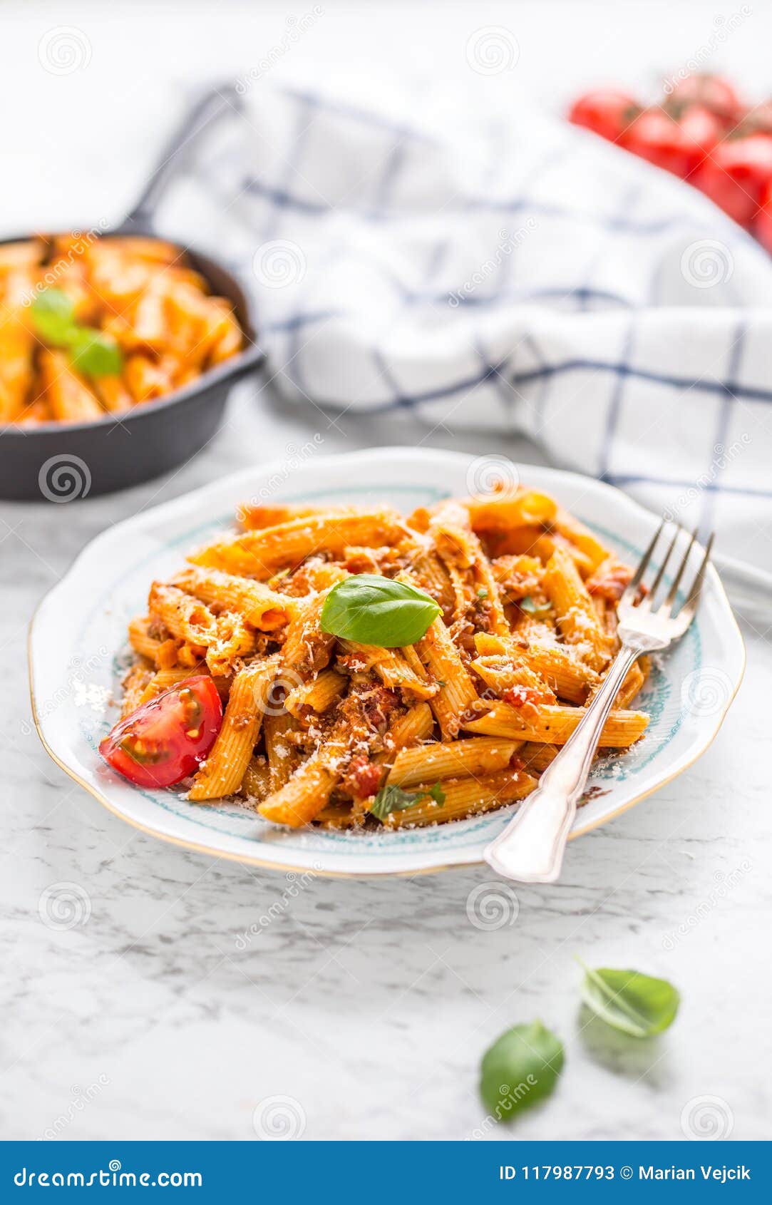 Italian Food and Pasta Pene with Bolognese Sause on Plate Stock Image ...