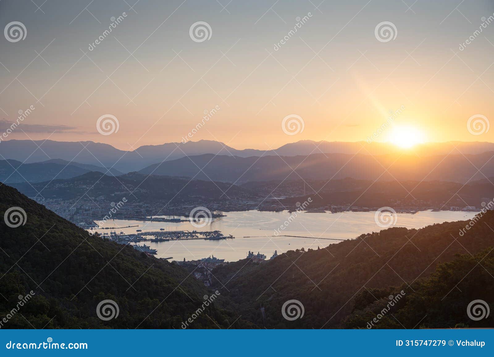 italian harbour in la spezia city during sun rise, italy, europe, liguria