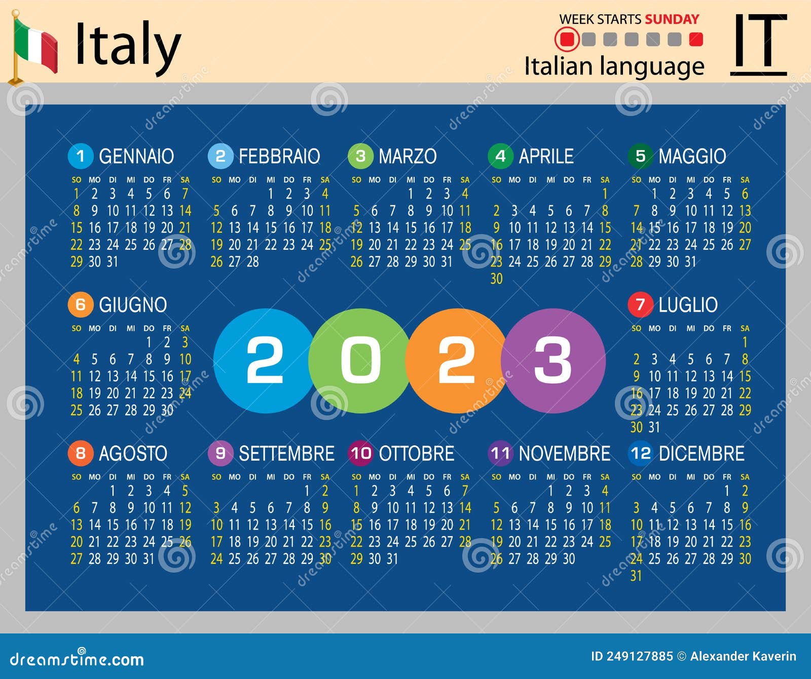 Italian Horizontal Pocket Calendar for 2023. Week Starts Sunday Stock