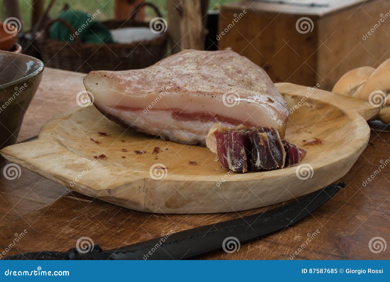 Italian Lard in Wooden Plate on Brown Table Stock Image Image of