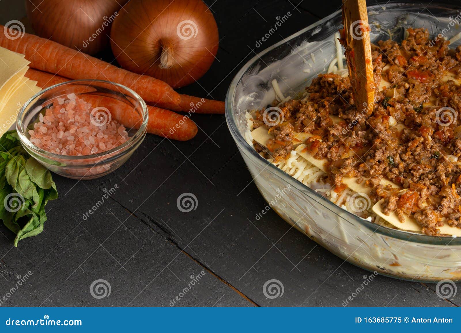 Italian Lasagna On A Black Background With Ingredients Cooking Time Recipe Book And Home Menu Stock Image Image Of Lunch Meat 163685775