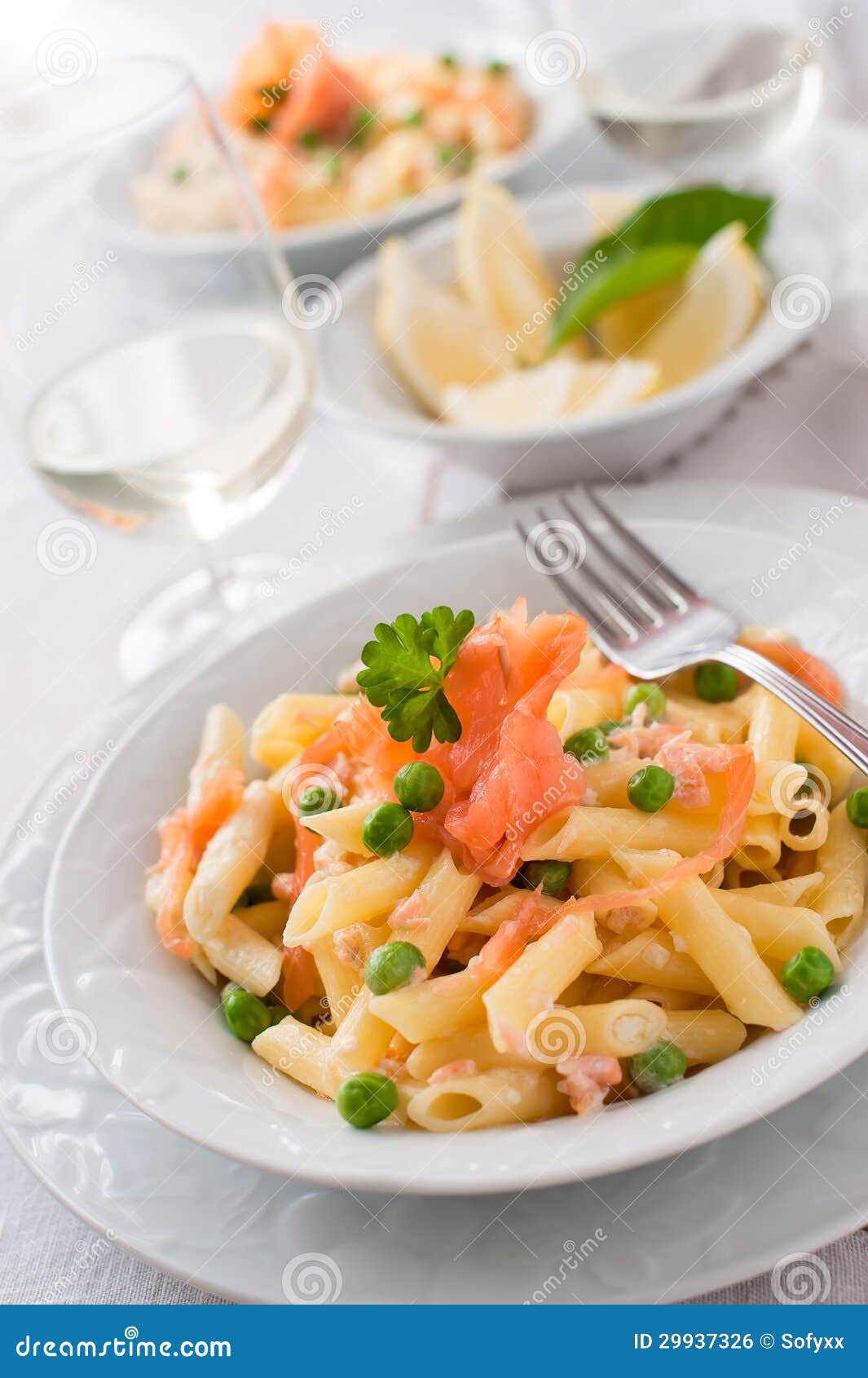 Pasta with salmon and peas stock photo. Image of seafood - 29937326