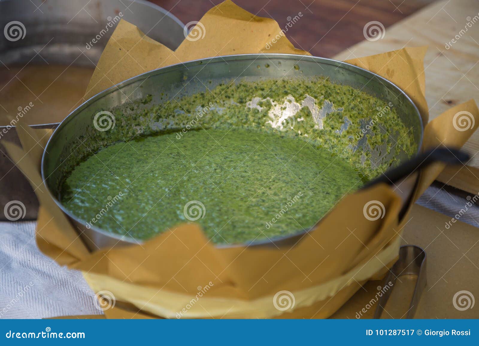 Italian Pesto Sauce Inside Metallic Bowl with Spoon Stock Image Image