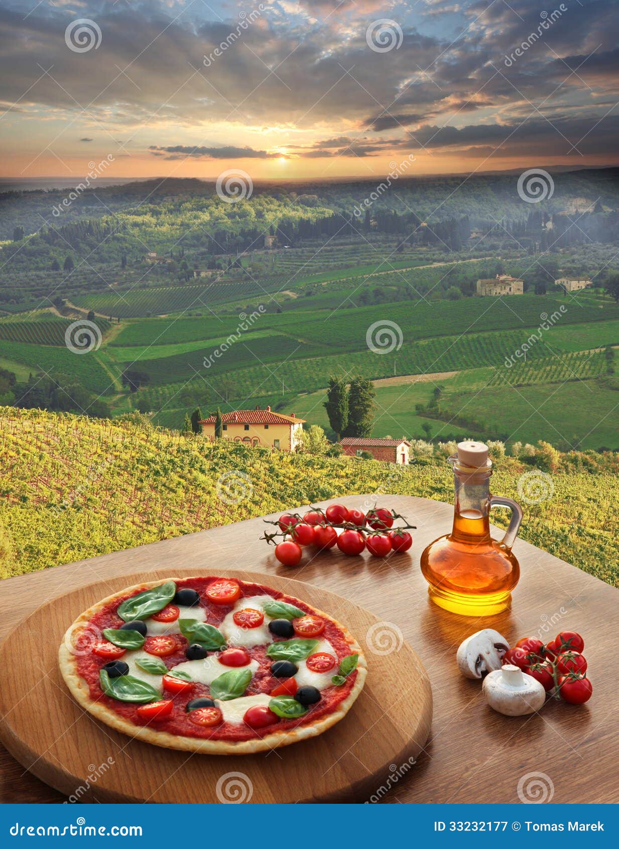 Italian pizza in Chianti, famous vineyard landscape in Italy