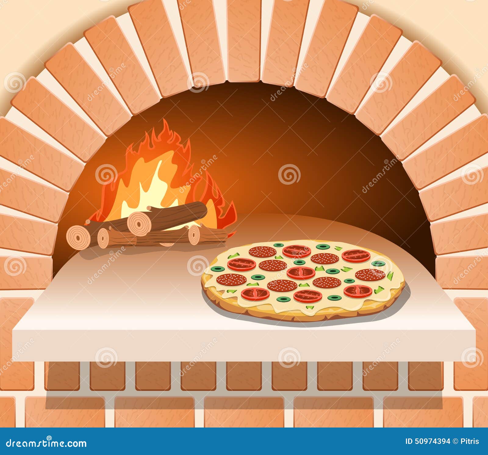 Italian Pizza With Tomato Sausage And Mushrooms In Front Of The Oven Stock Vector Illustration Of Element Cooking