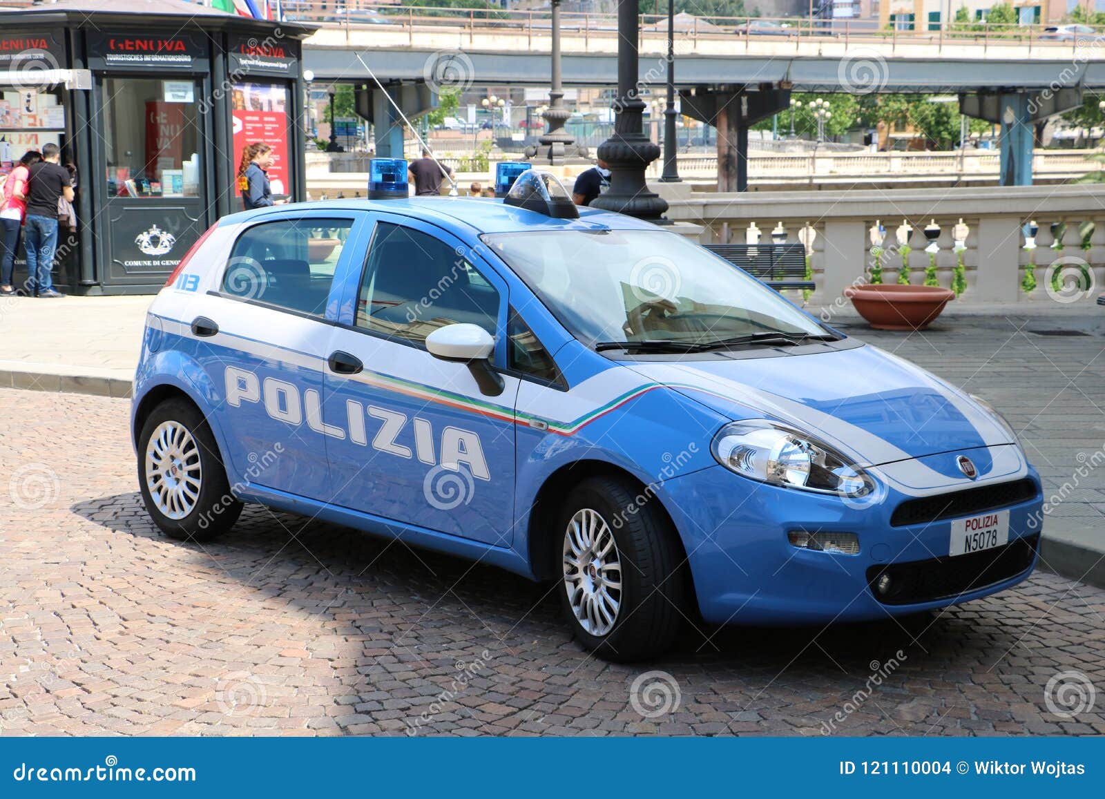 Italian police vehicle. Blue car belonging to the Italian police in the old town of Genoa, northern Italy.