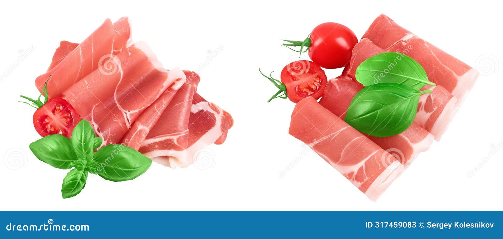 italian prosciutto crudo or spanish jamon. raw ham  on white background with full depth of field. top view. flat
