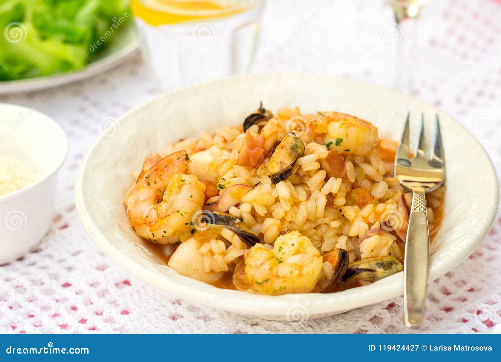 Italian Rice Dish Risotto with Seafood, Shrimps and Mussels Stock Image