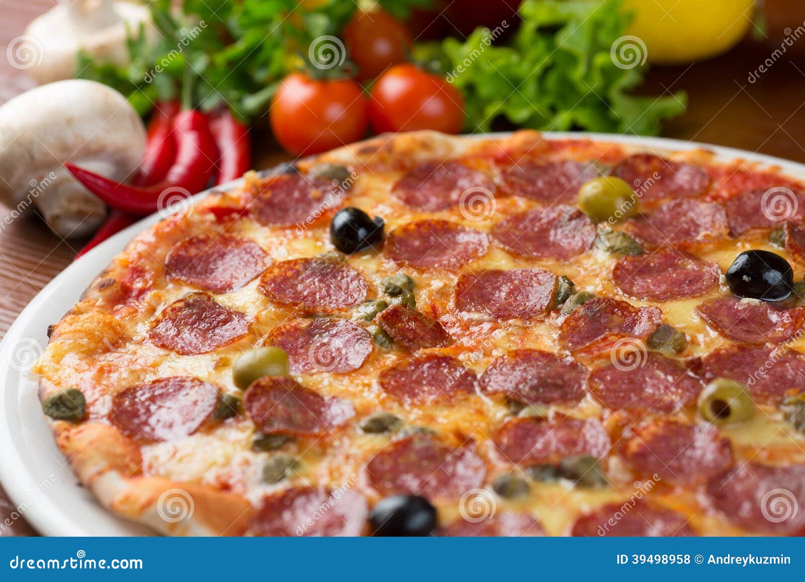 Italian Salami Pizza on Table Stock Photo Image of round, life 39498958