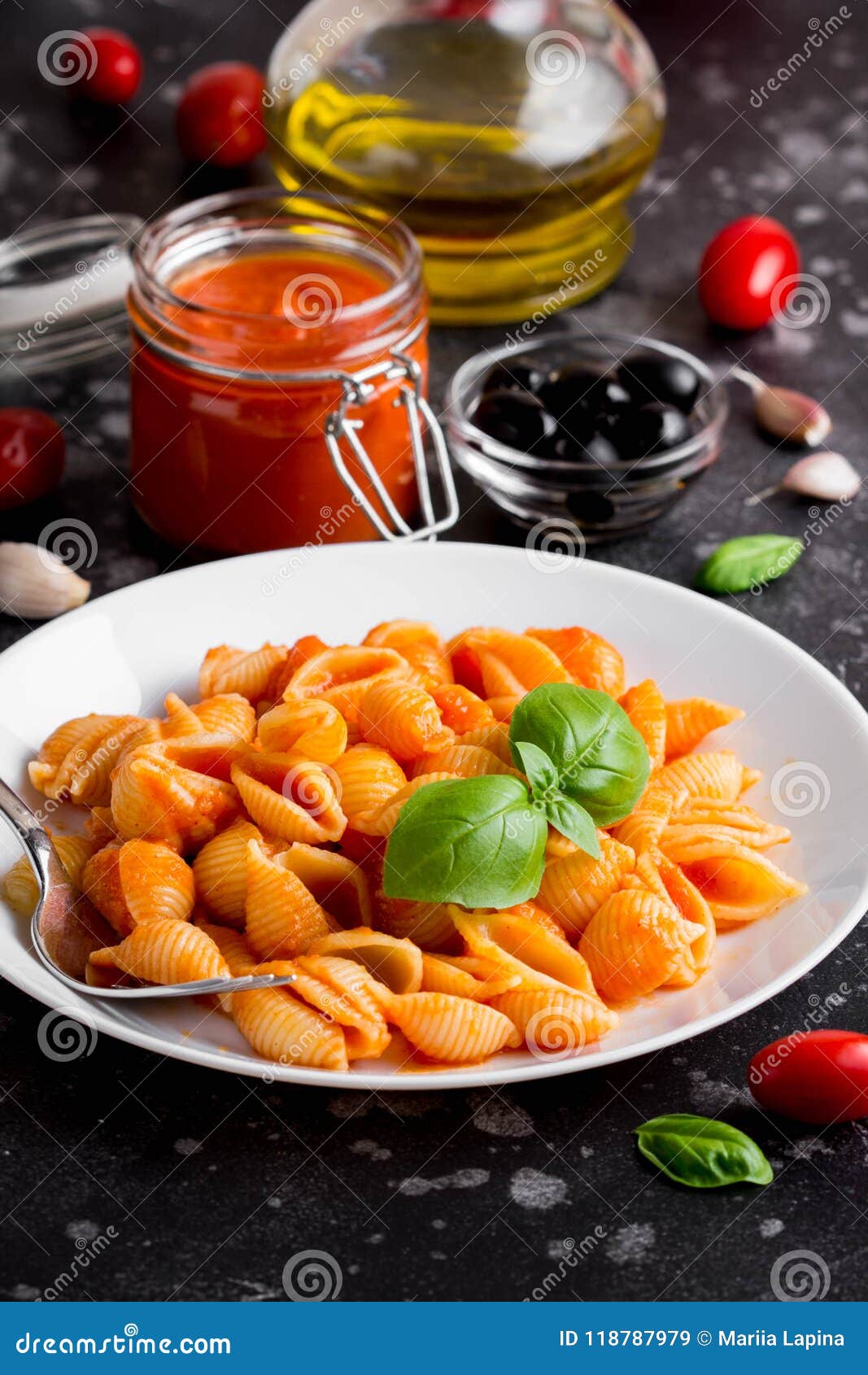 Italian Shell Pasta with Tomato Sauce, Olives and Basil, Classic Stock