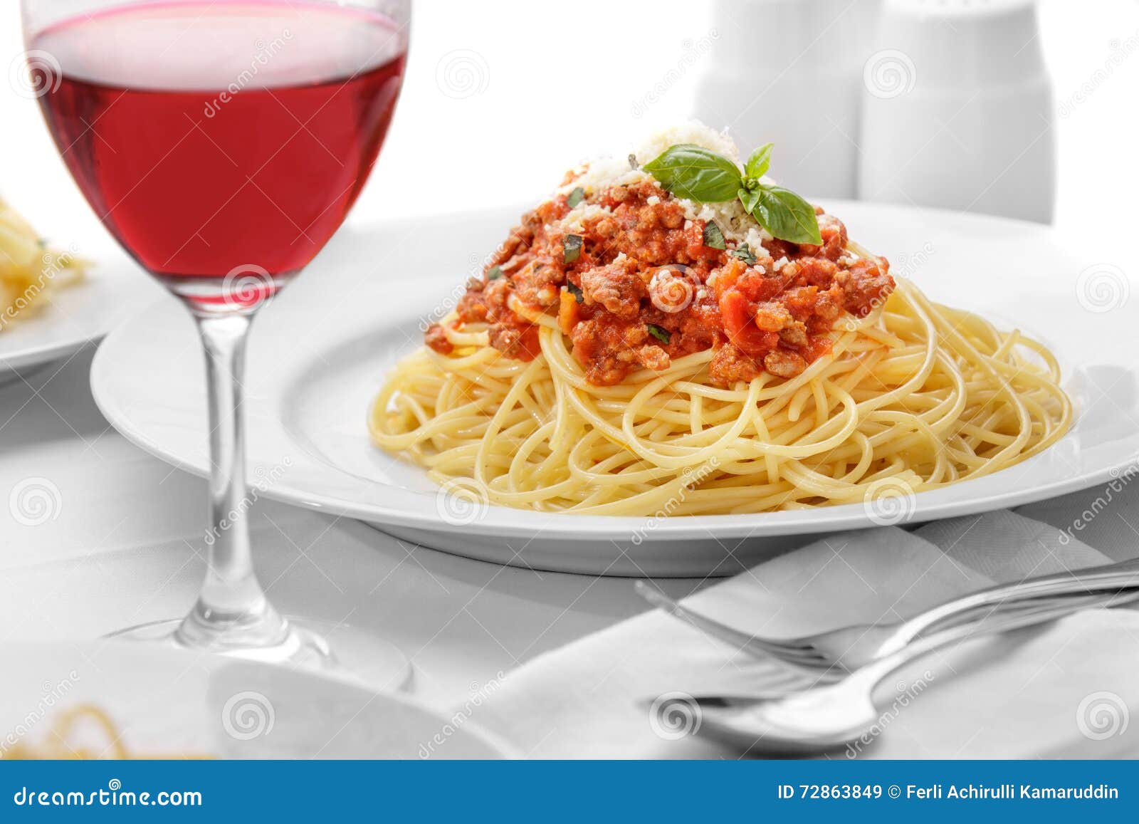Italian Spaghetti Bolognese Served with a Glass Red Wine Stock Image - Image of dishes: 72863849