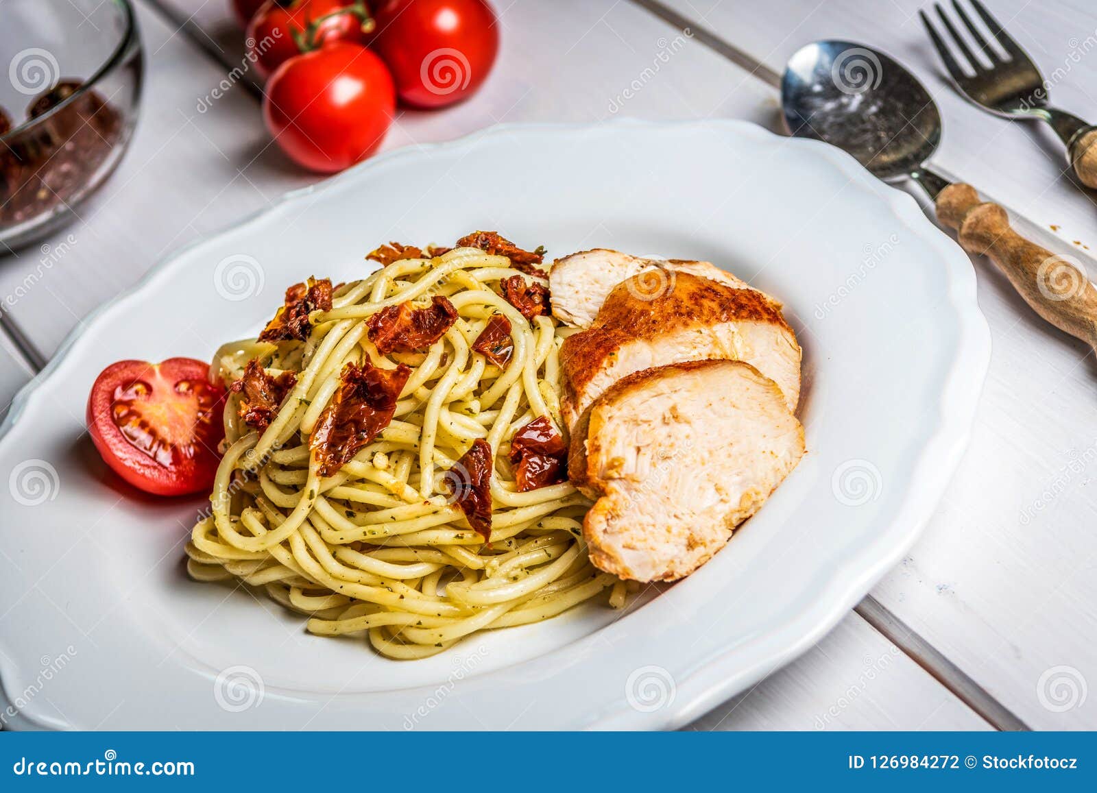 Italian Spaghetti with Chicken and Sundried Tomato Stock Photo - Image ...