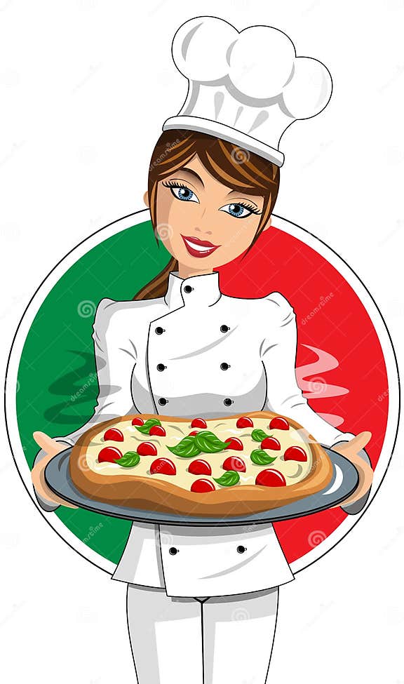 Italian Woman Cook Uniform Serving Pizza Stock Vector - Illustration of ...