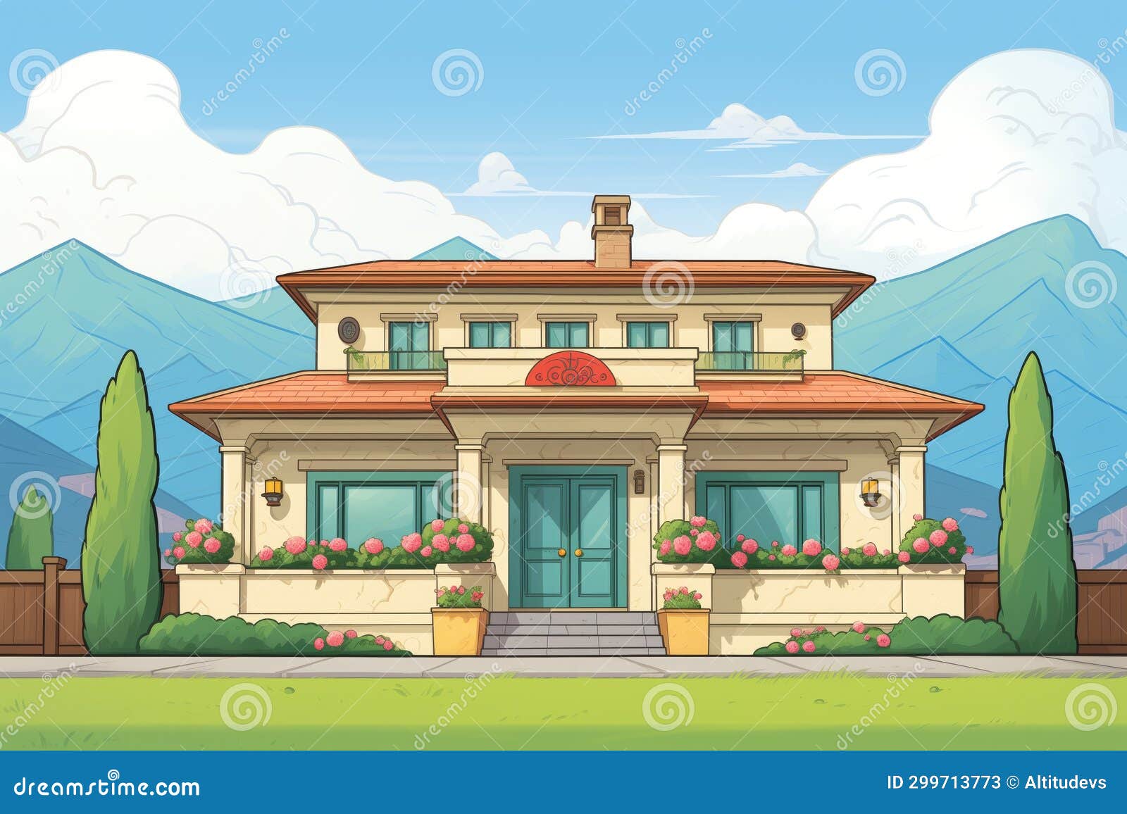 italianate style building with deep eaves against a mountain background, magazine style 