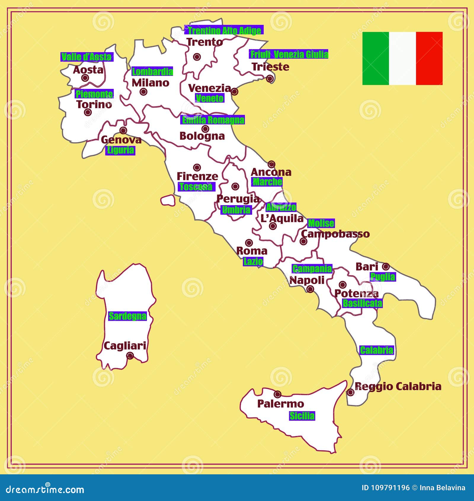 Italien Karte Mit Italienischen Regionen Stock Abbildung Illustration Von Hintergrund Bekanntmachen 109791196