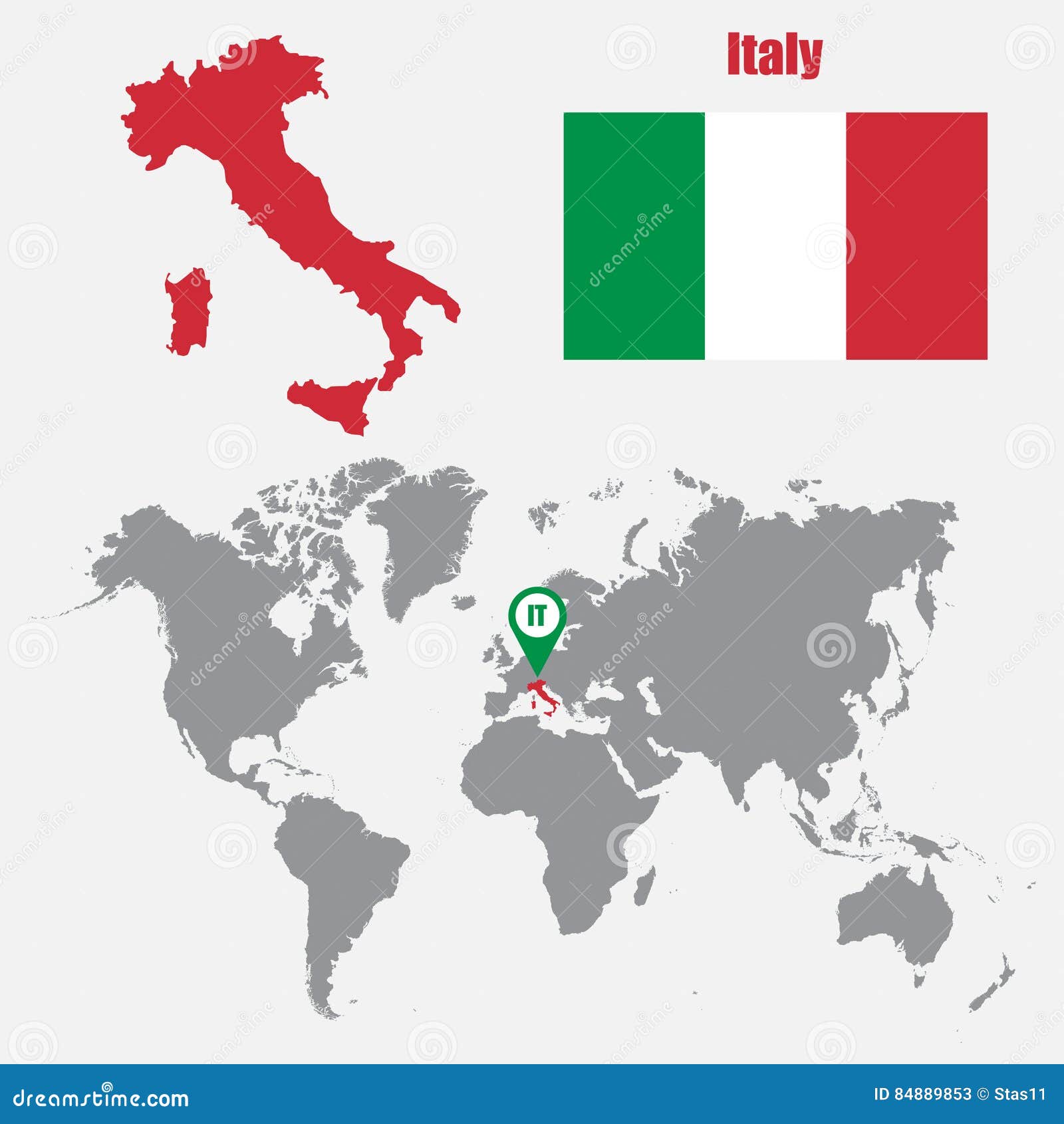 Italien översikt På En Världskarta Med Flagga- Och översiktspekaren