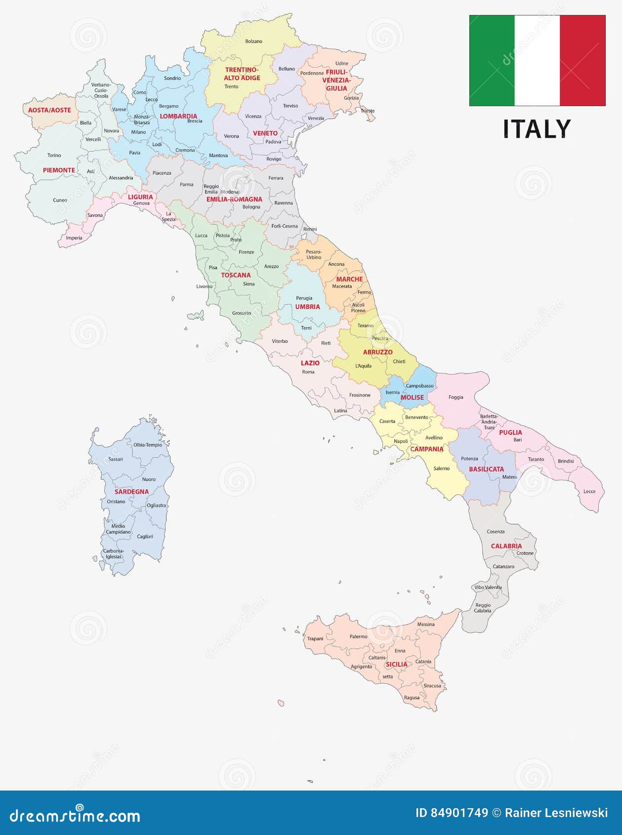 italy administrative and political map with flag