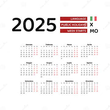 Italy Calendar 2025 Week Starts From Monday Vector Graphic Design Stock Vector Illustration