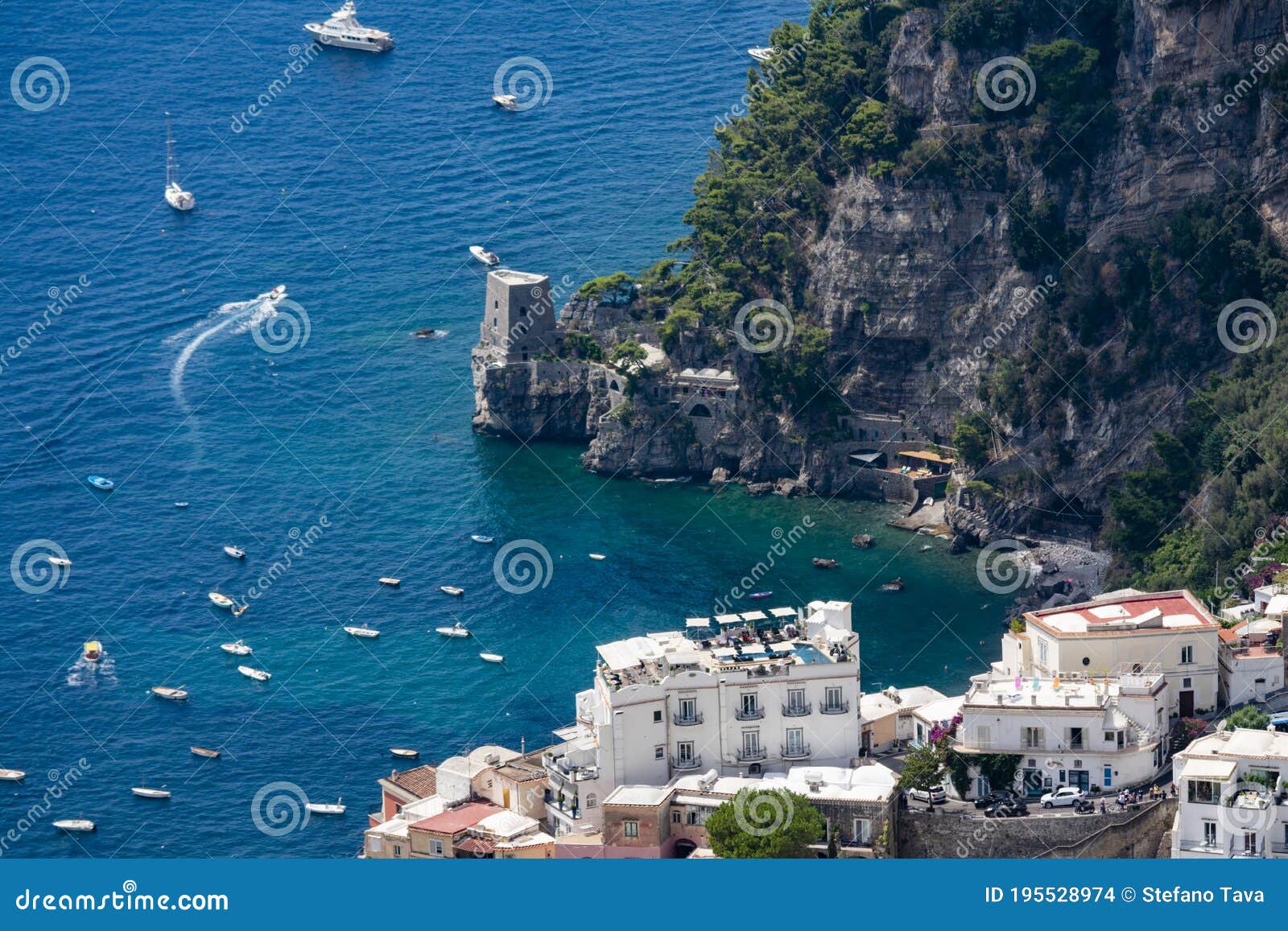 view of positano and the `torre clavel` from above