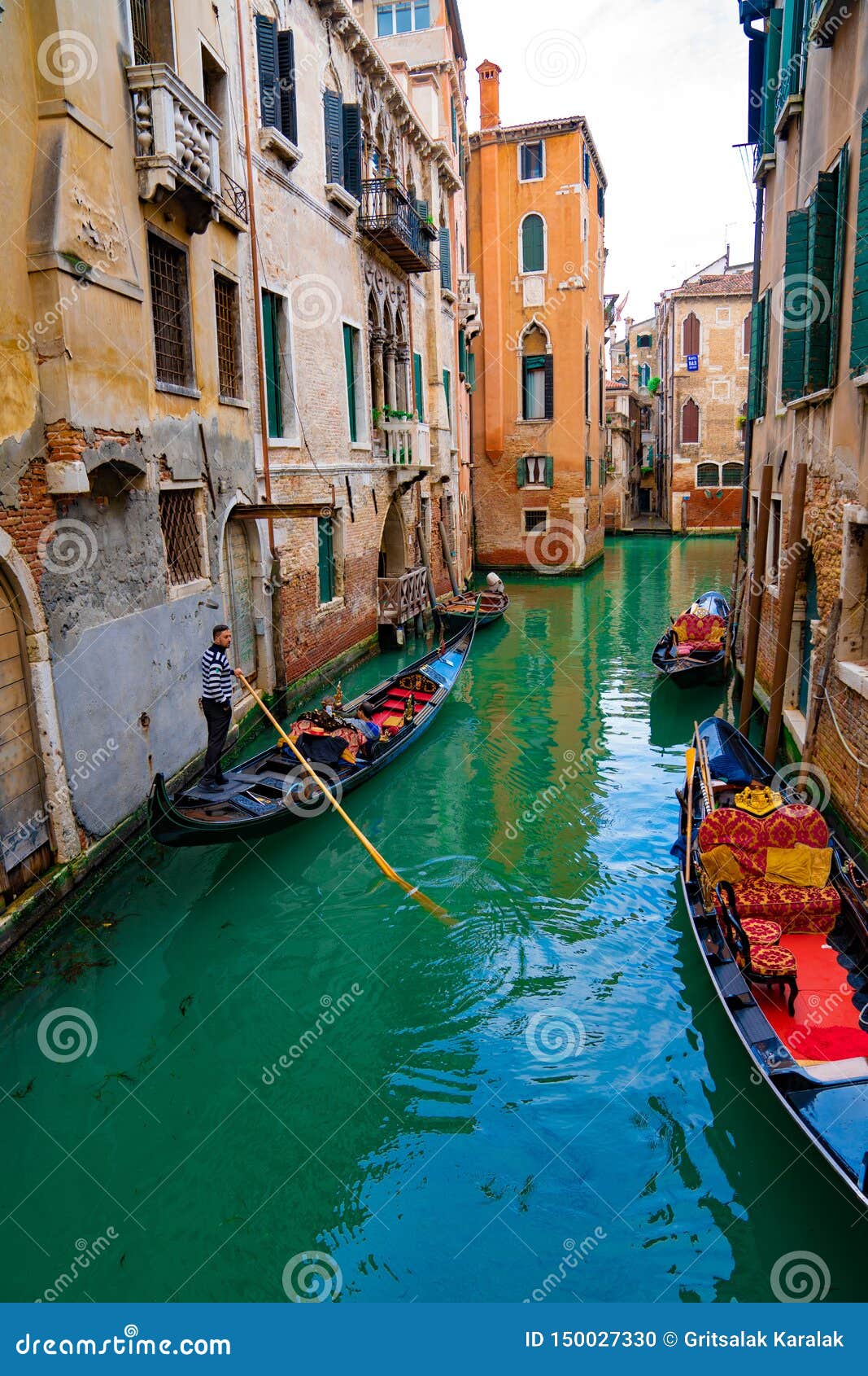 Italy - May 20, 2019: View on Canal with Gondola Boat and Motorboat ...