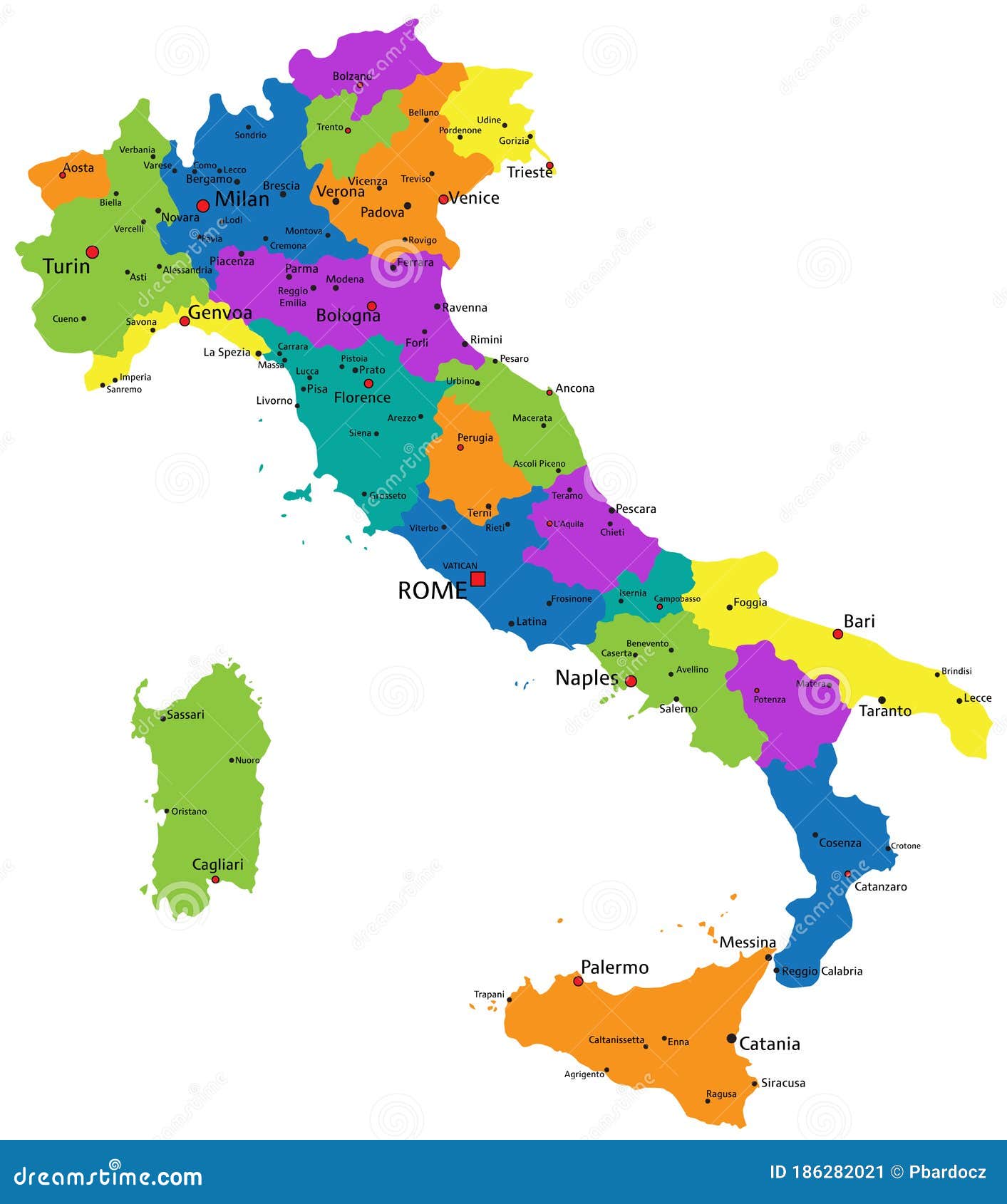 Colorful Italy Political Map with Clearly Labeled, Separated Layers
