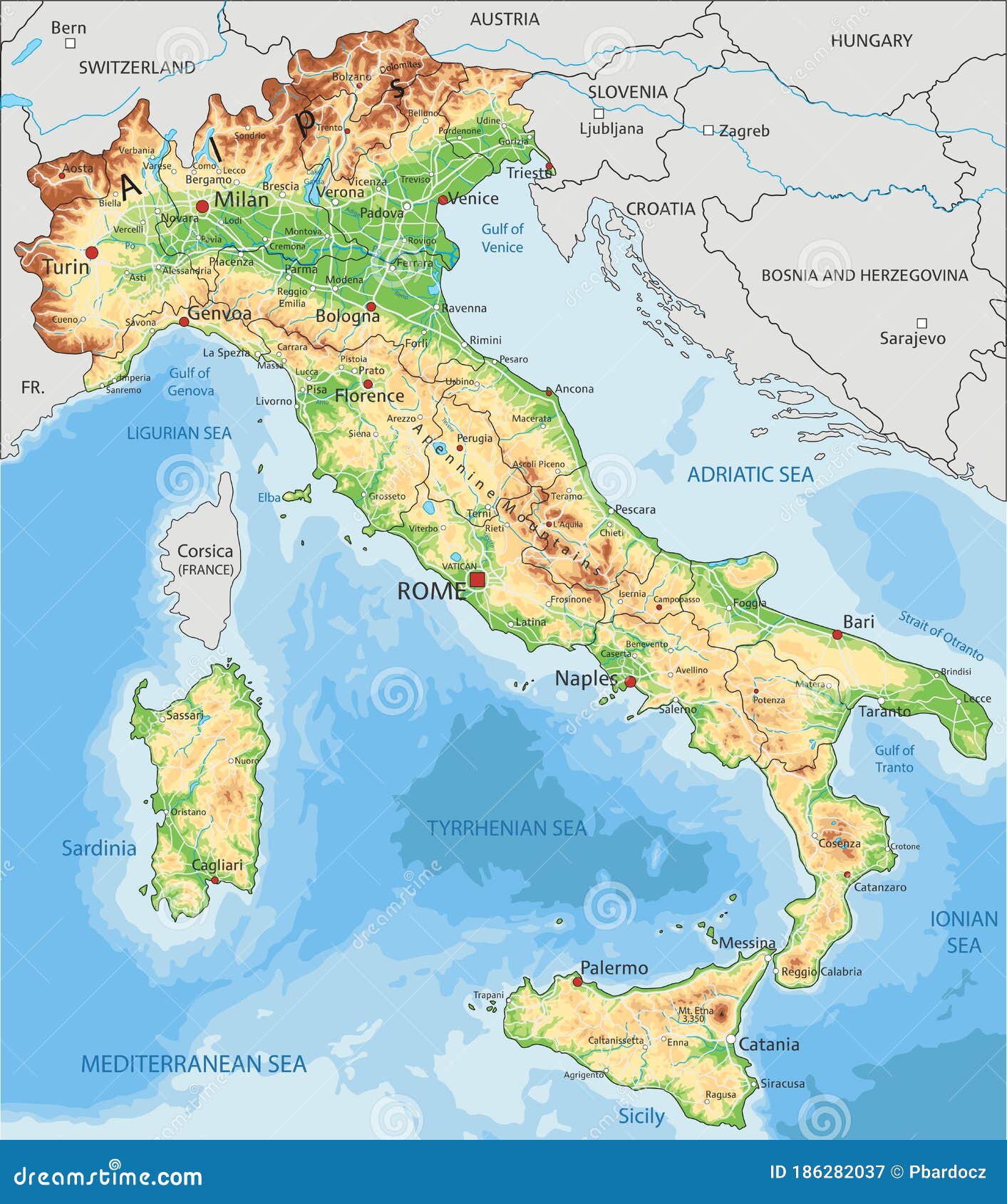high detailed italy physical map with labeling.