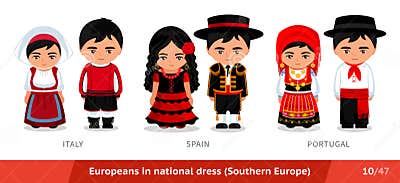 Italy, Spain, Portugal. Men and Women in National Dress. Set of ...