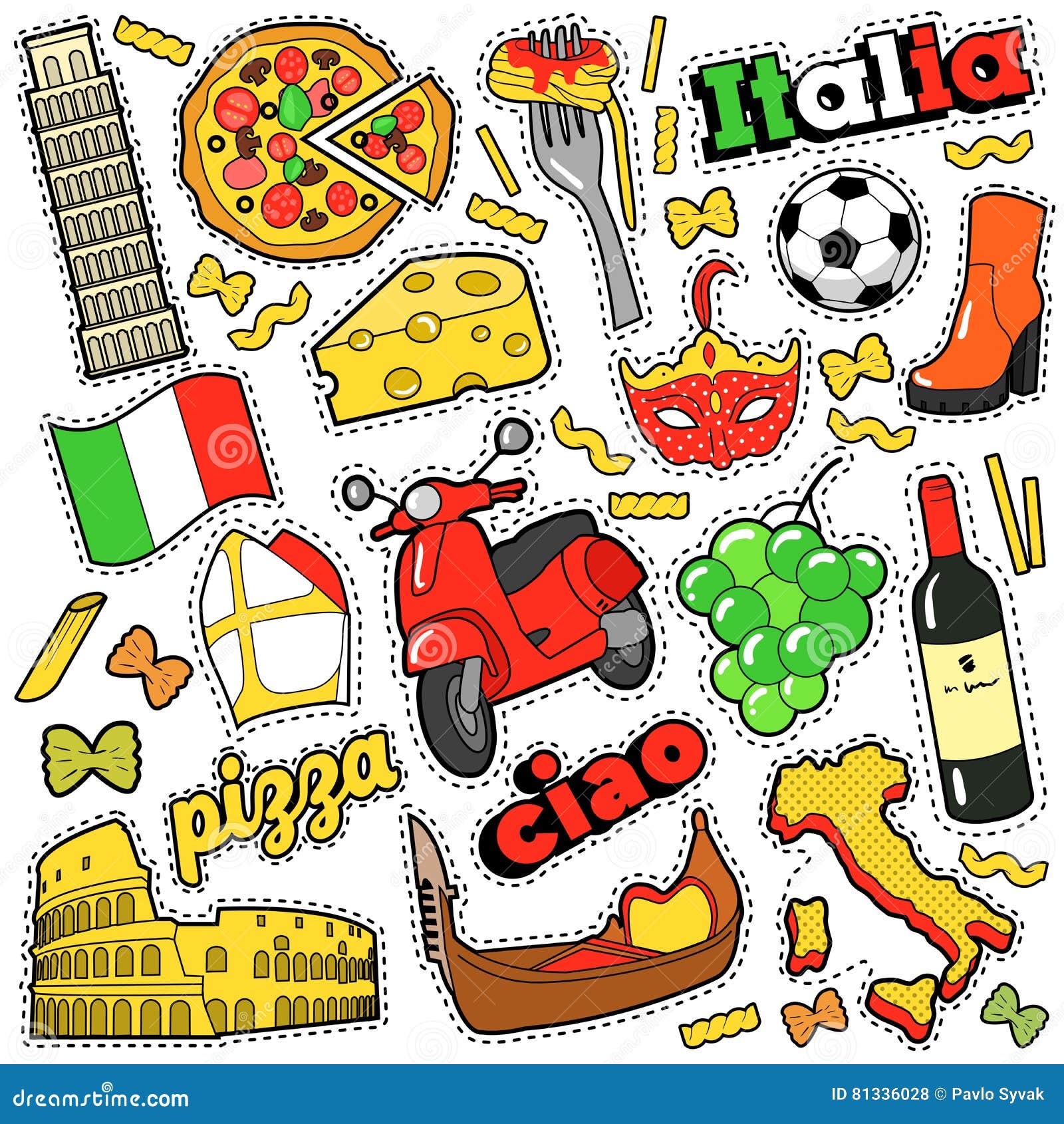 italy travel scrapbook stickers, patches, badges for prints with pizza, venetian mask, architecture and italian s