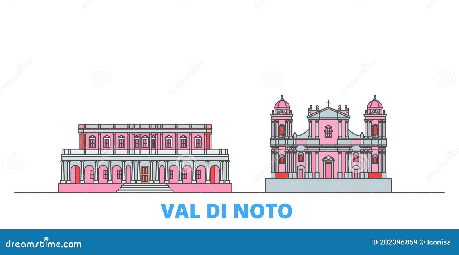 italy, val di noto line cityscape, flat . travel city landmark, oultine , line world icons