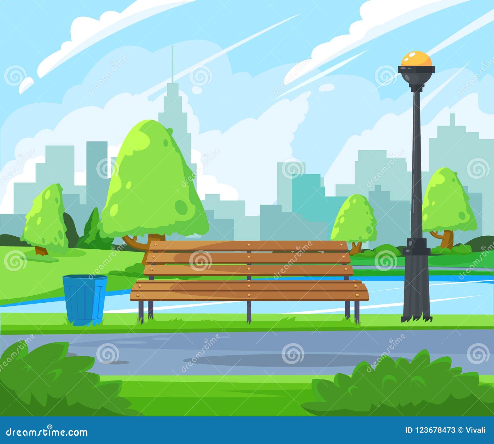 Ity公园风景公园视图背景公园在有湖和长木凳的城市向量例证 插画包括有