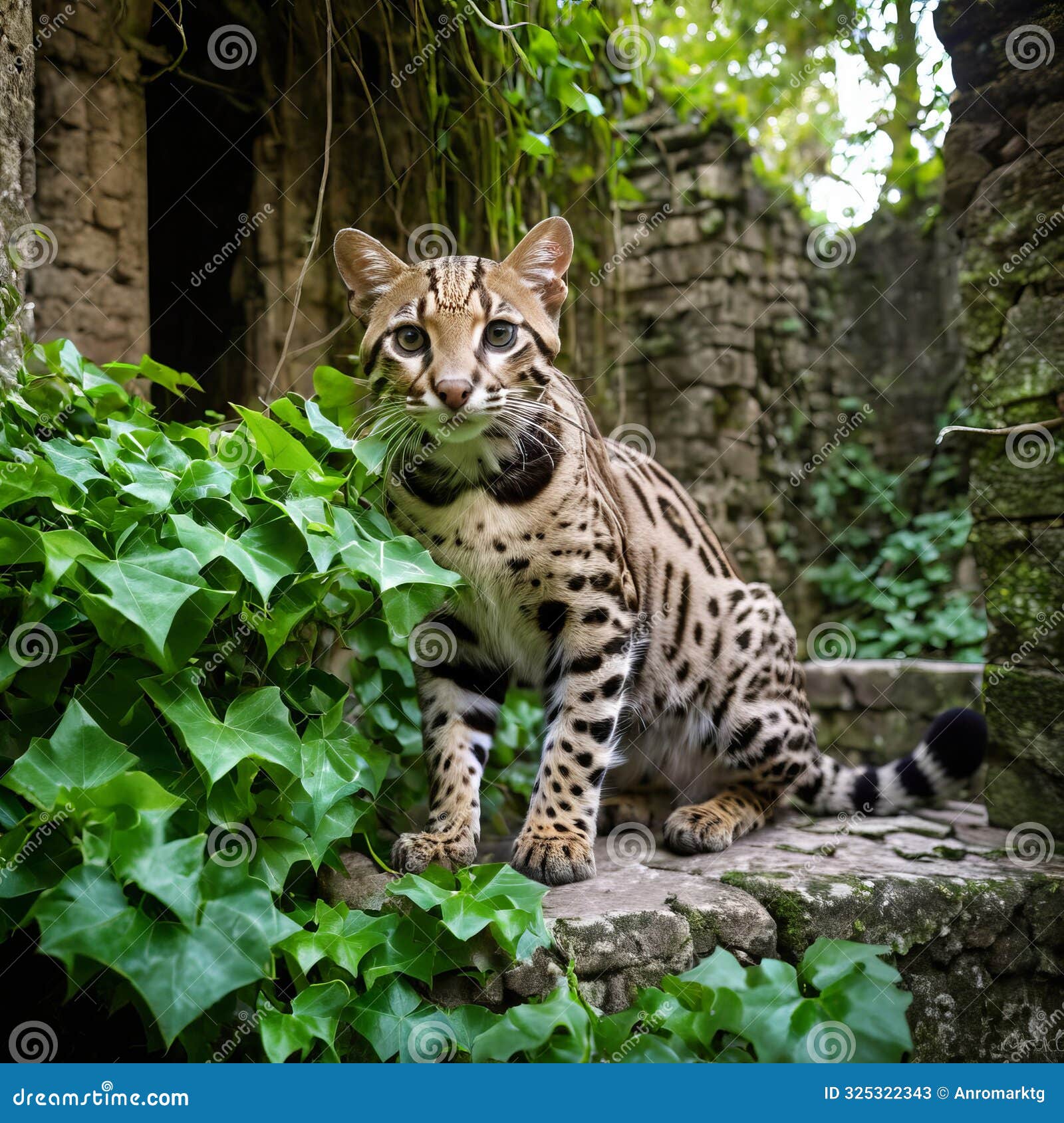a cunaguaro (ocelot) exploring the ruins of an ancient civilization with crumbling stone structures covered in ivy