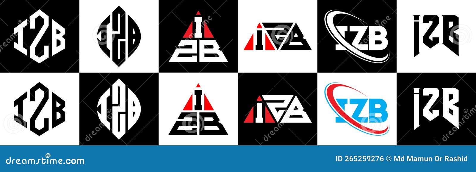 izb letter logo  in six style. izb polygon, circle, triangle, hexagon, flat and simple style with black and white color