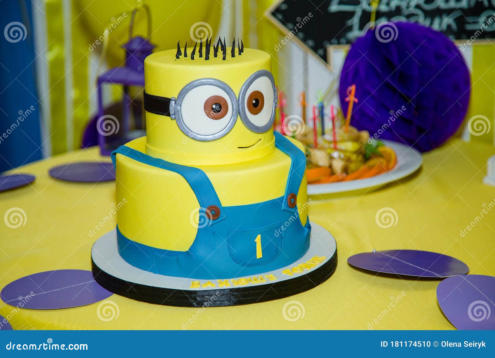 Birthday Cake in Minion Shape. Cartoon Character Cake for Child Party.  Thematic Event Editorial Image - Image of event, cake: 181174510