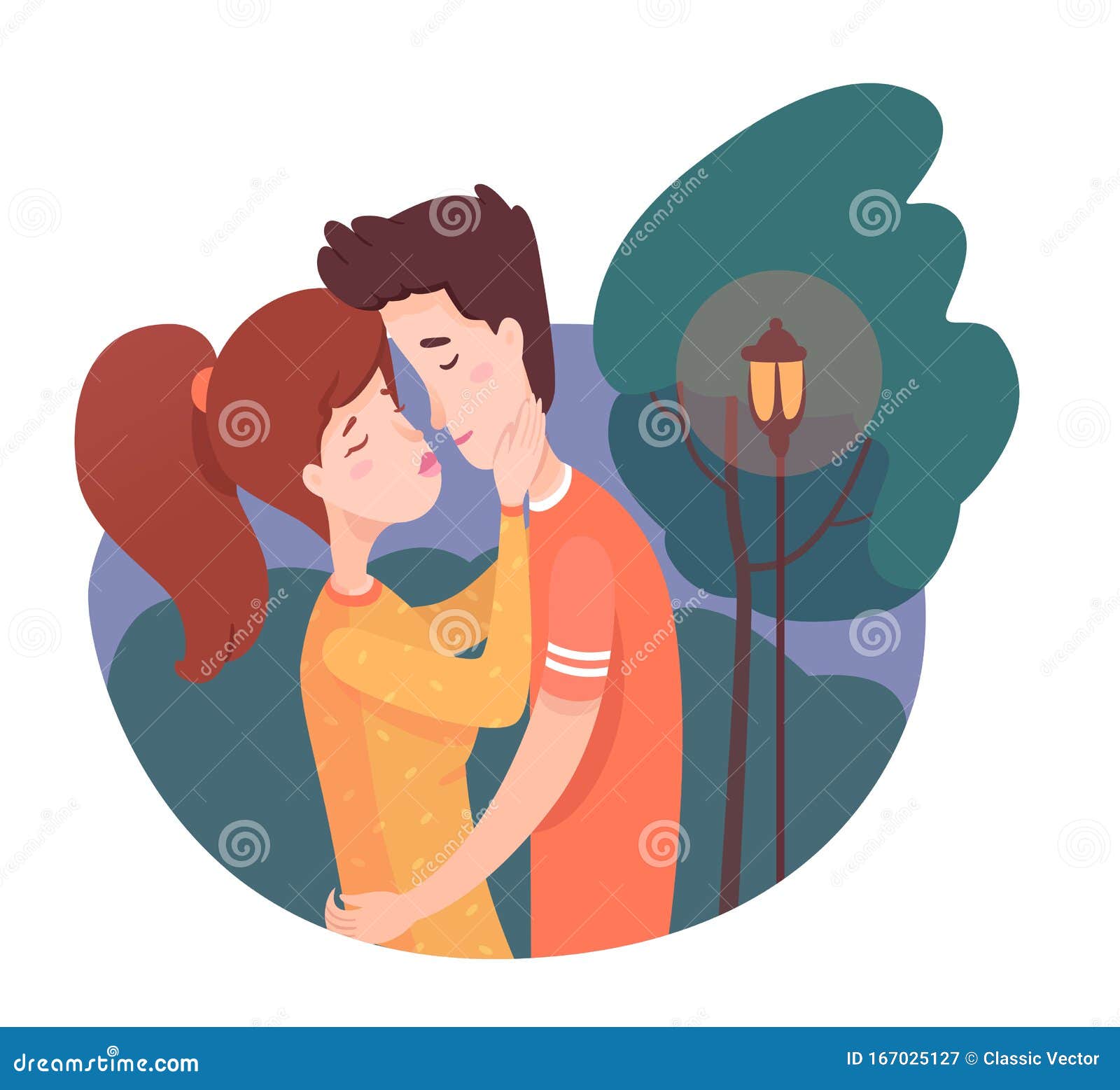 Jóvenes Enamorados Besándose En La Noche Con Dibujos Animados Planos  Ilustración del Vector - Ilustración de abrace, besar: 167025127