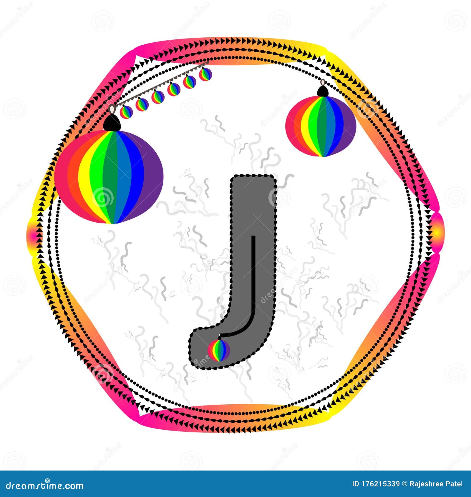 Alphabet J. Letter J Gradient Label. Rainbow Ball Sticker Frame Vector