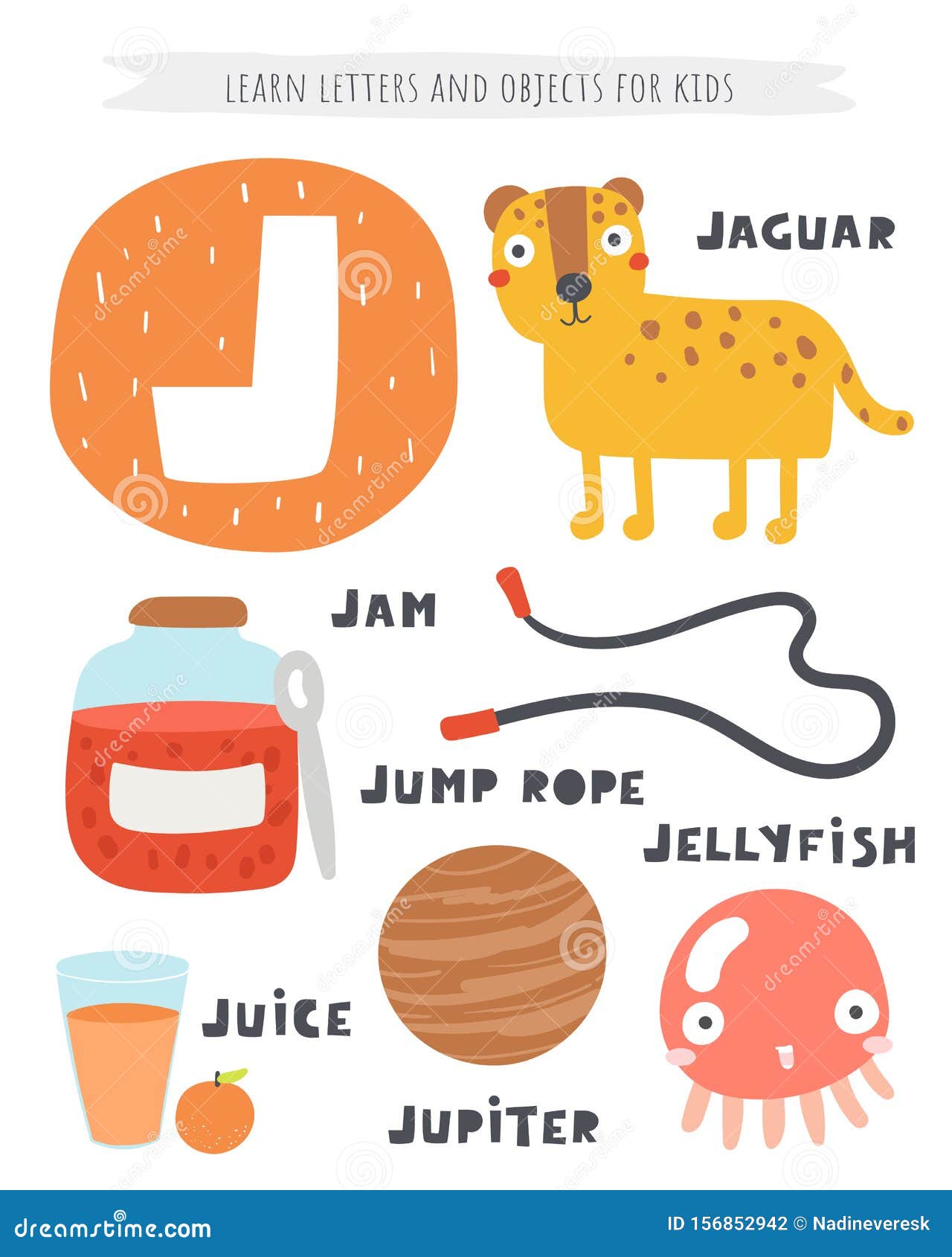 J Letter Objects and Animals Including Jaguar, Jam, Jump Rope, Juice,  Jupiter Planet, Jellyfish. Stock Vector - Illustration of girl, children:  156852942