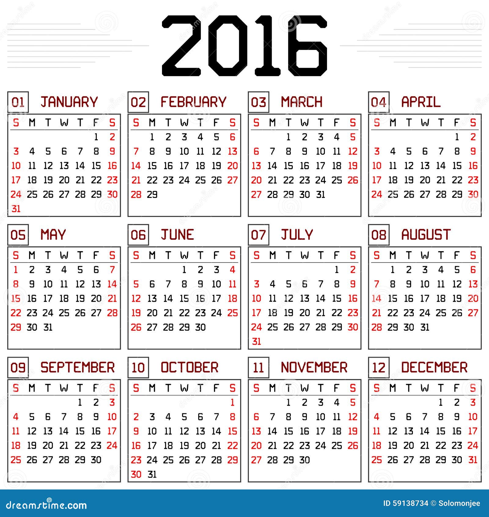 tentoonstelling jaloezie Overvloedig Jaar 2016 kalender vector illustratie. Illustration of oktober - 59138734