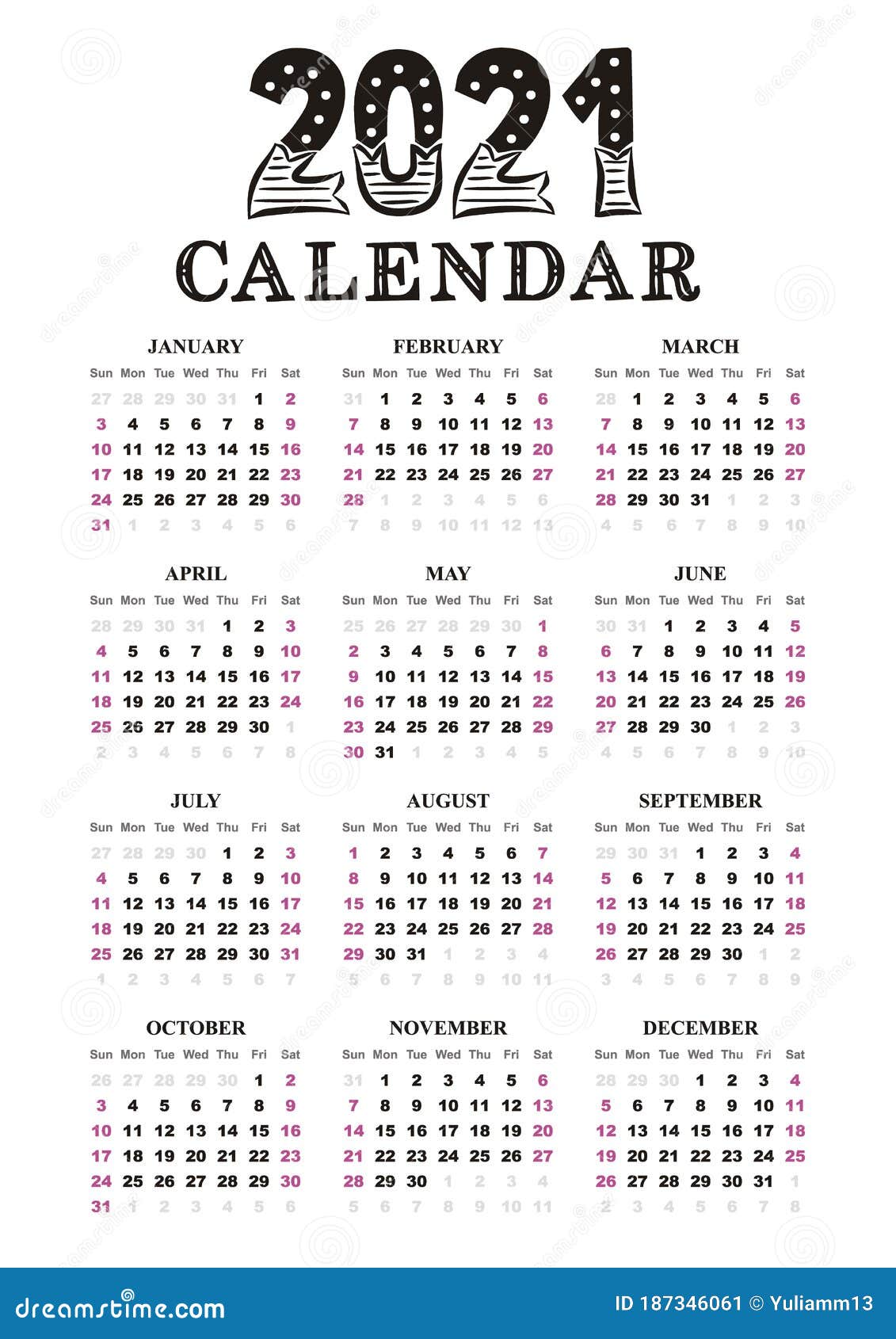 Jaarlijkse Kalender 2021-Sjabloon A4 Vector Illustratie - Illustration Of  Grafiek, Juli: 187346061