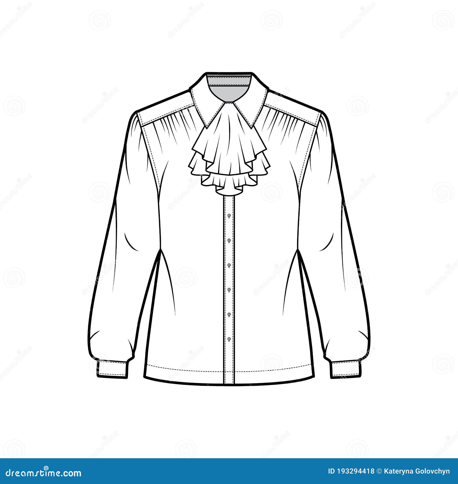 Jabot Shirt Technical Fashion Illustration with Long Sleeves with Cuff ...