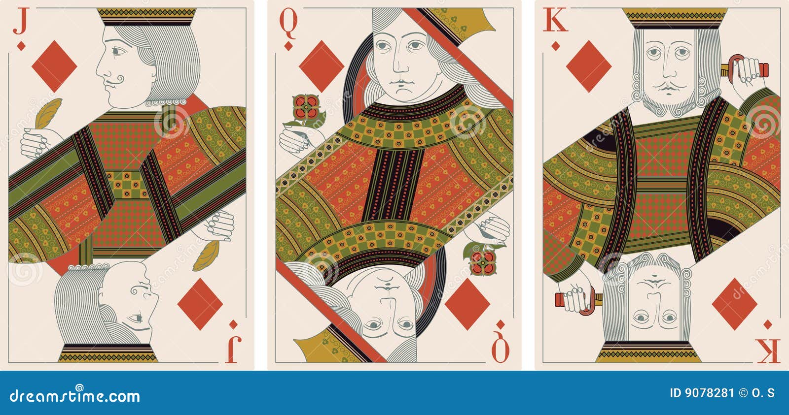 King, Queen and Jack playing cards (coloured wood engraving)