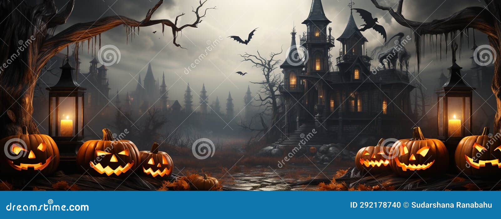 jack o lanterns and magic witch's palace halloween banner