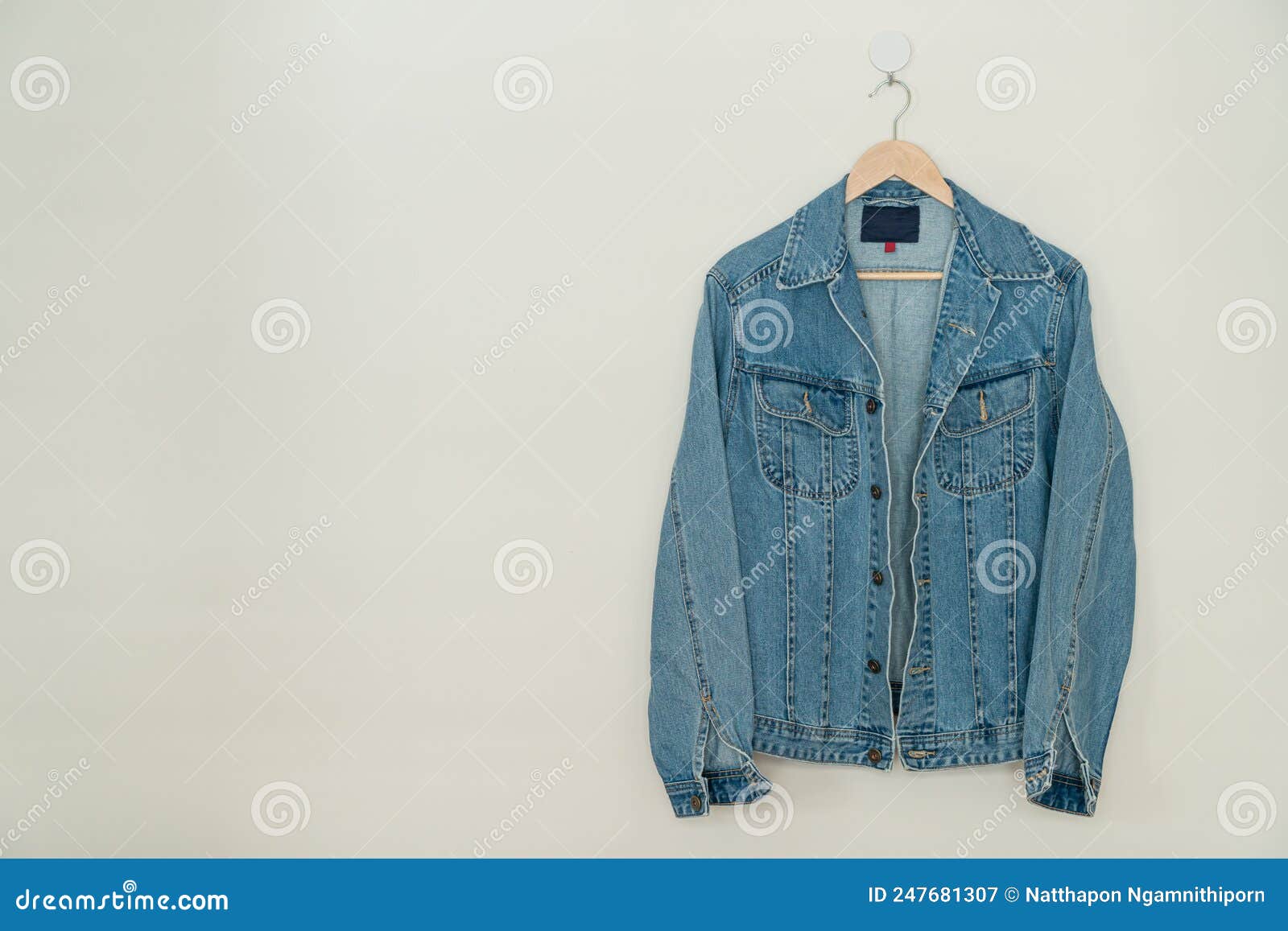 Jacket Jean Hanging with Wood Hanger Stock Image - Image of modern ...