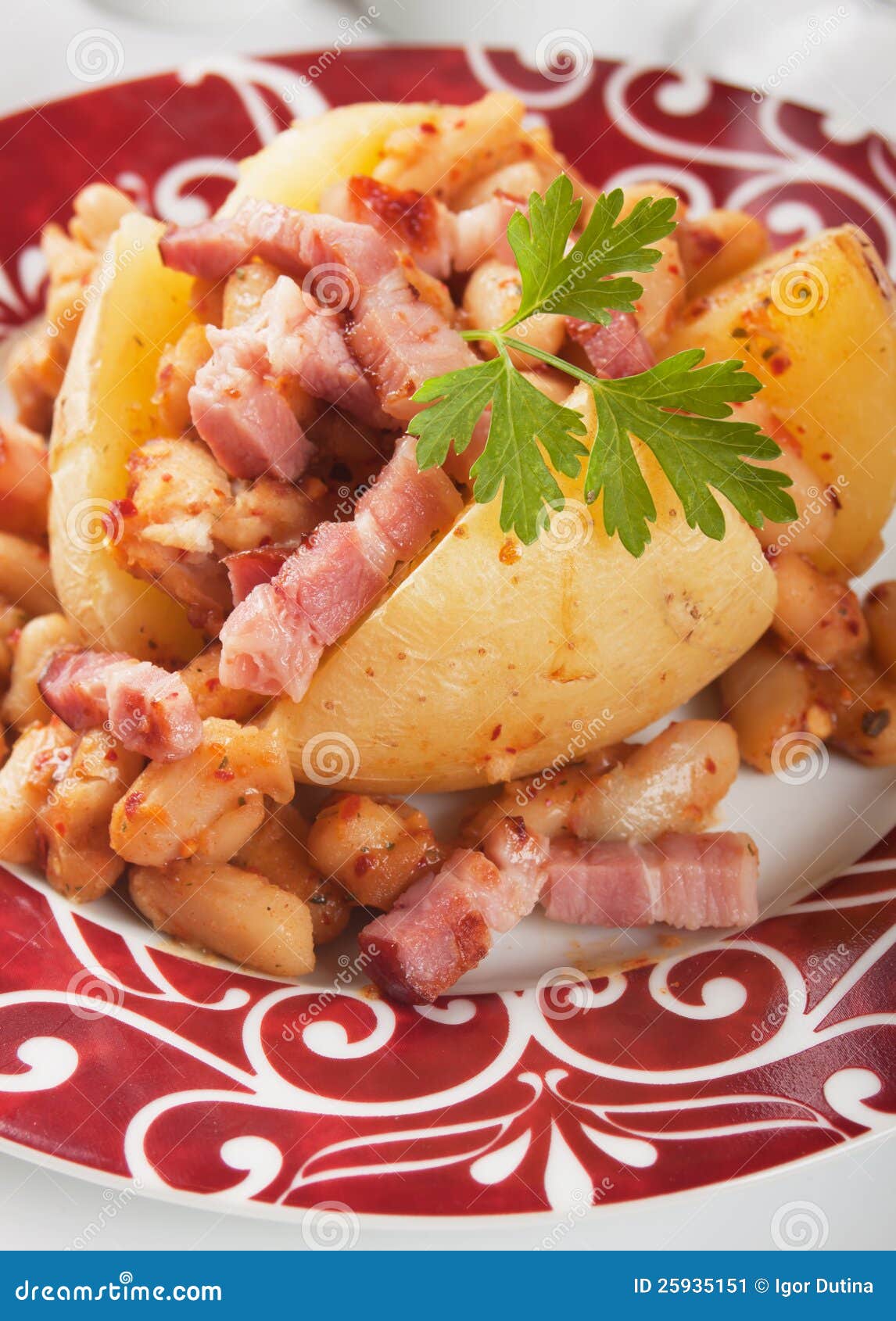 Jacket Potato with White Beans and Bacon Stock Image Image of