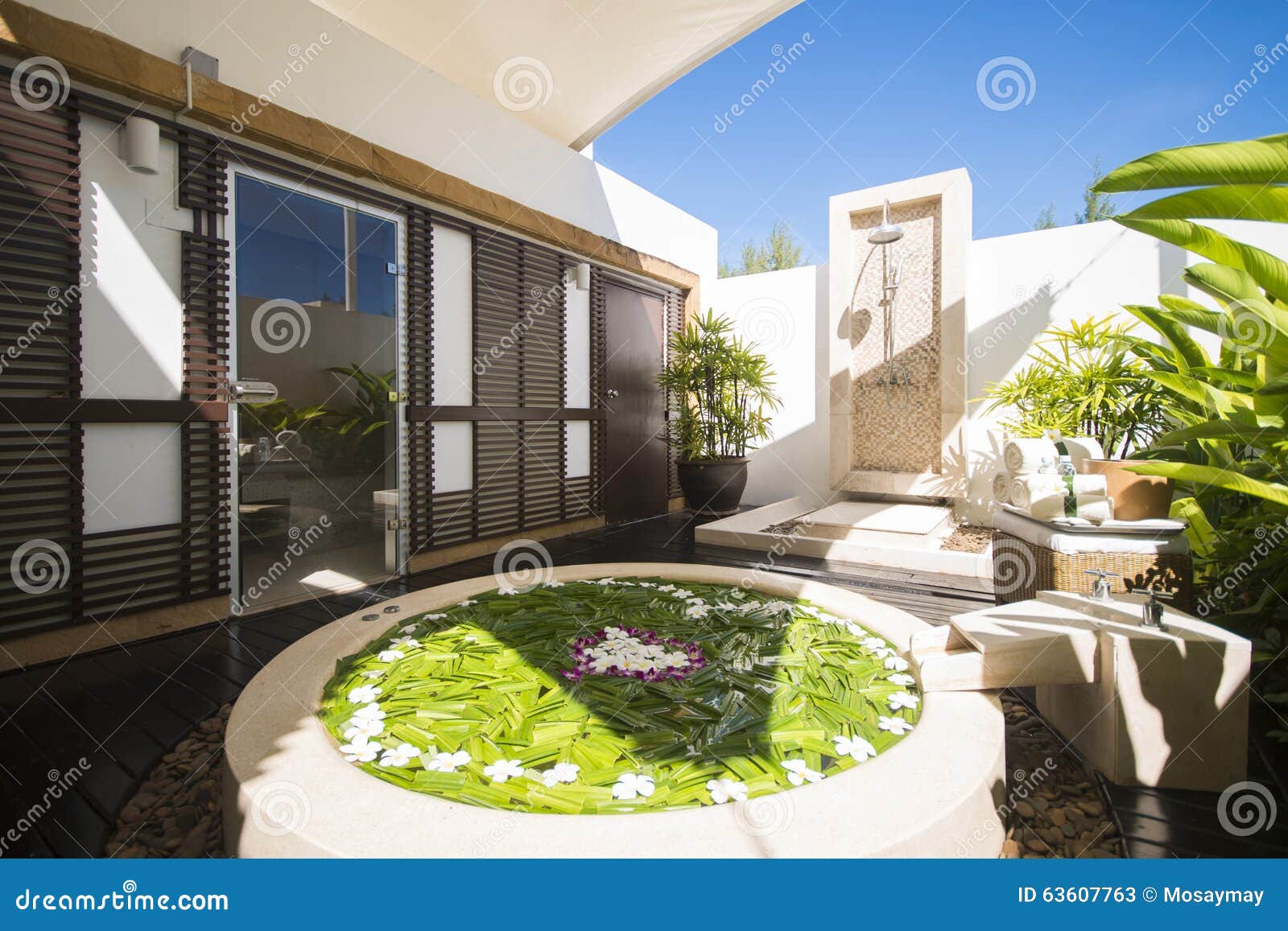 Jacuzzi Decoration by Flowers and Foliage in Spa Room Stock Image