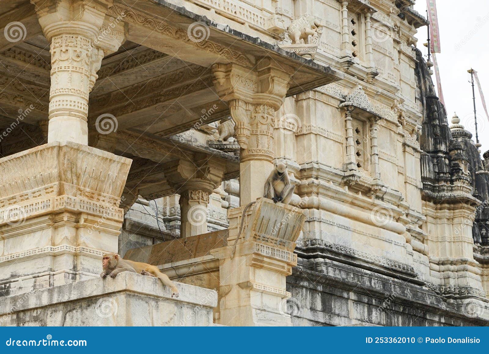 ranakpur jain temple, chaumukha mandir, exteriors with guard monkeys on columns and balconies, rajasthan
