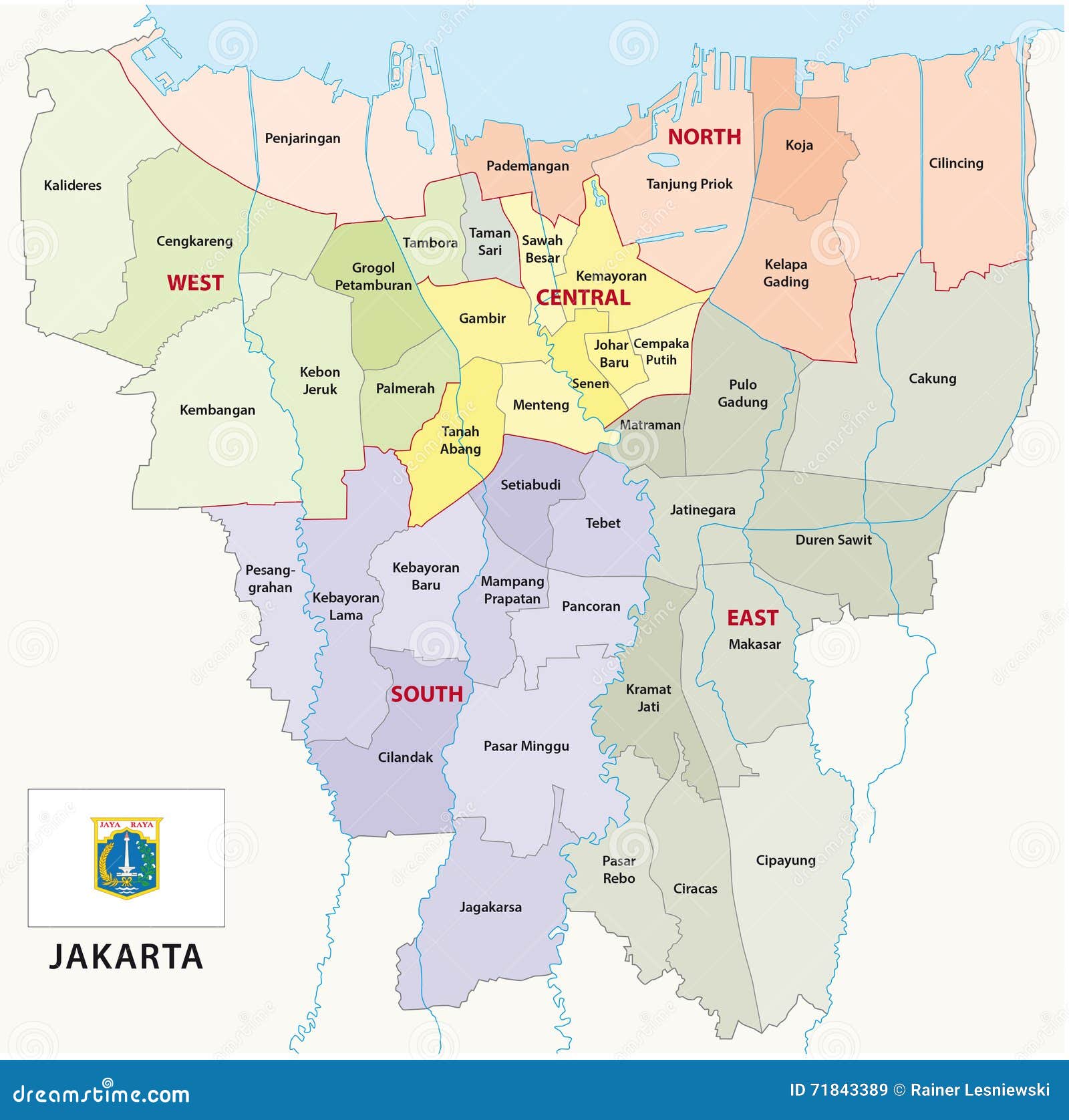 Jakarta administrative map stock illustration. Illustration of city