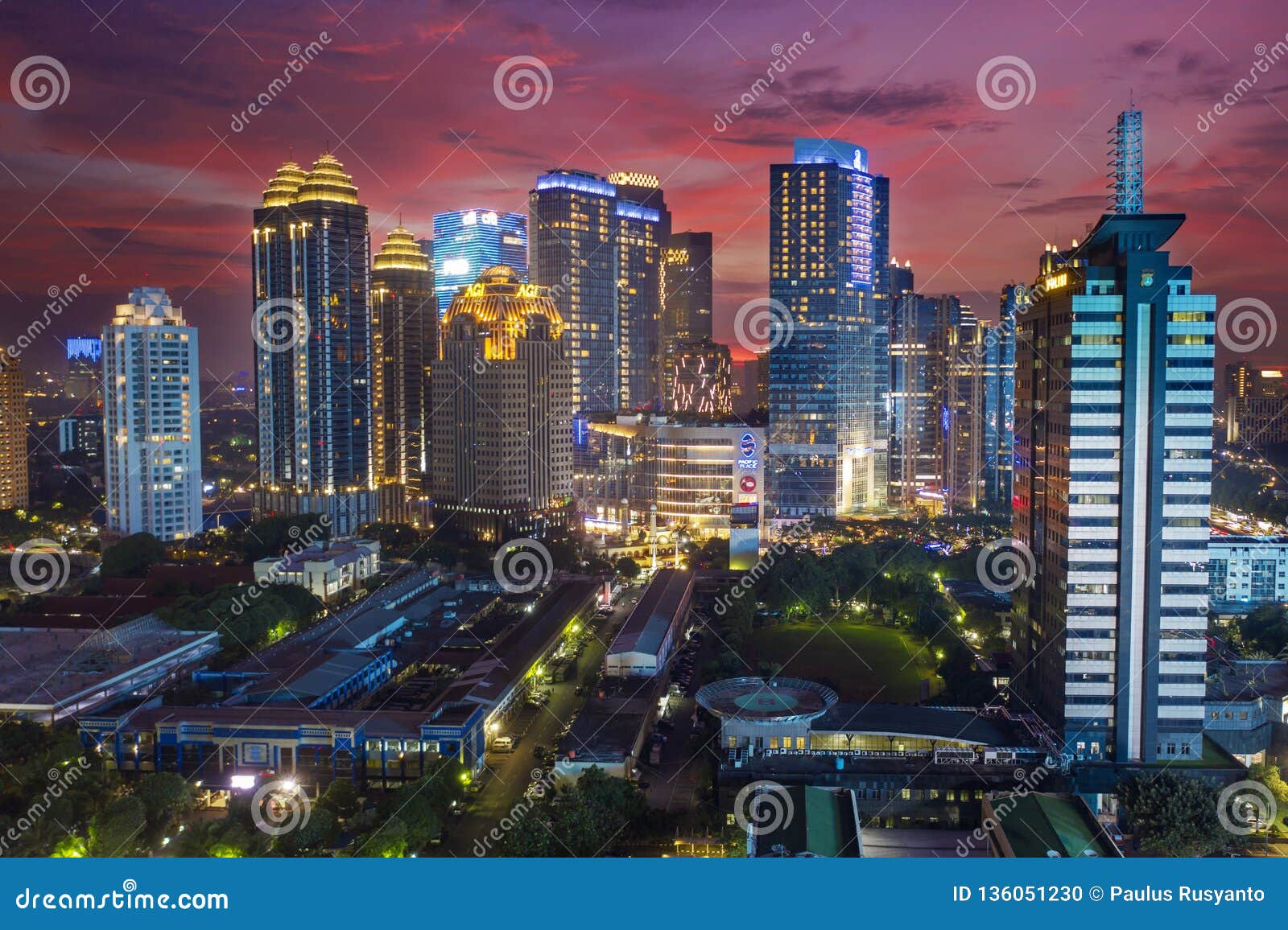 Jakarta Downtown Under Red Sky at Twilight Editorial Image - Image of