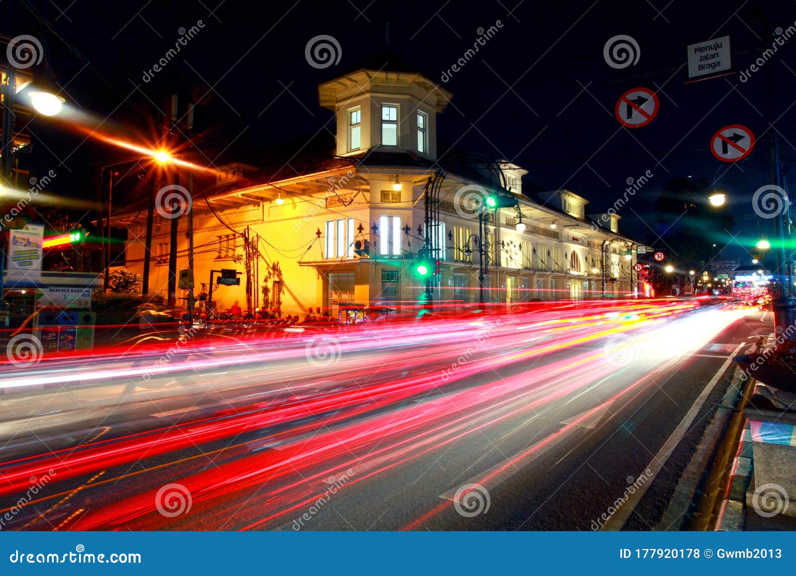 Jalan Asia Afrika in Bandung, Indonesia at Night Editorial Stock Photo